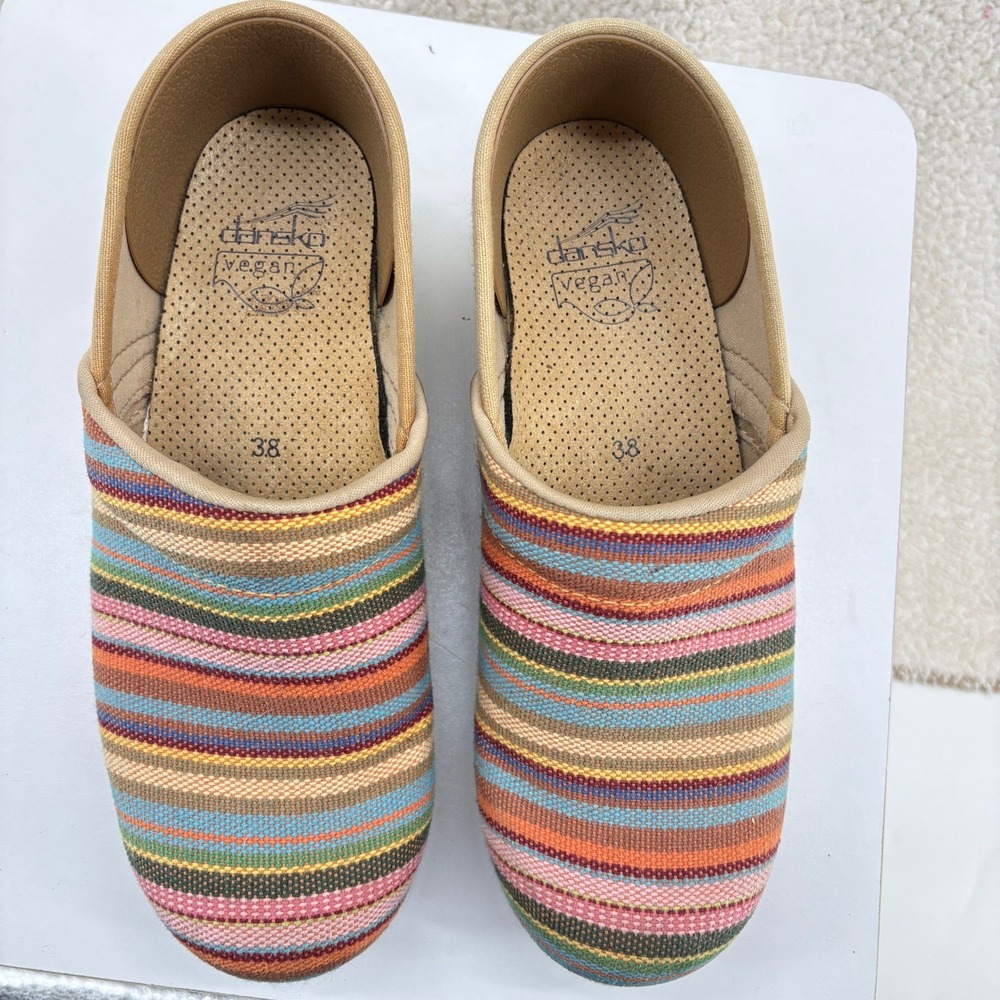 Dansko Vegan Multi Color Striped Espadrille Wedge Clogs 38 Rainbow Striped Boho
